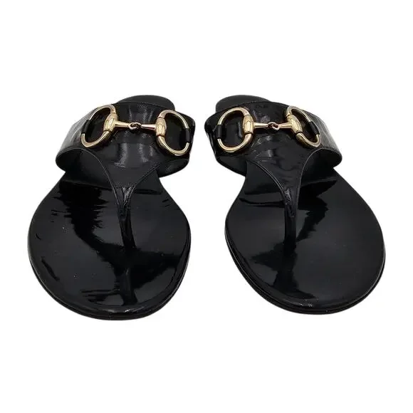Gucci Horsebit Flat Thong Sandal Black Patent Leather Silver Size 7.5 - Picture 3 of 11